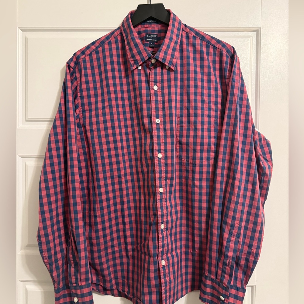 J. Crew Men's Vibrant Pink and Navy Plaid Shirt